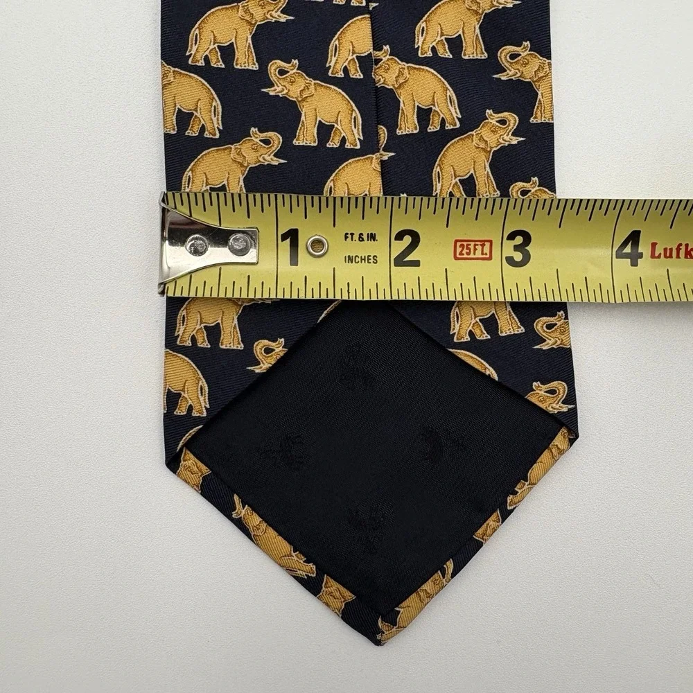 Brooks Brothers Navy Blue Gold Elephant Print Silk Necktie Made In USA